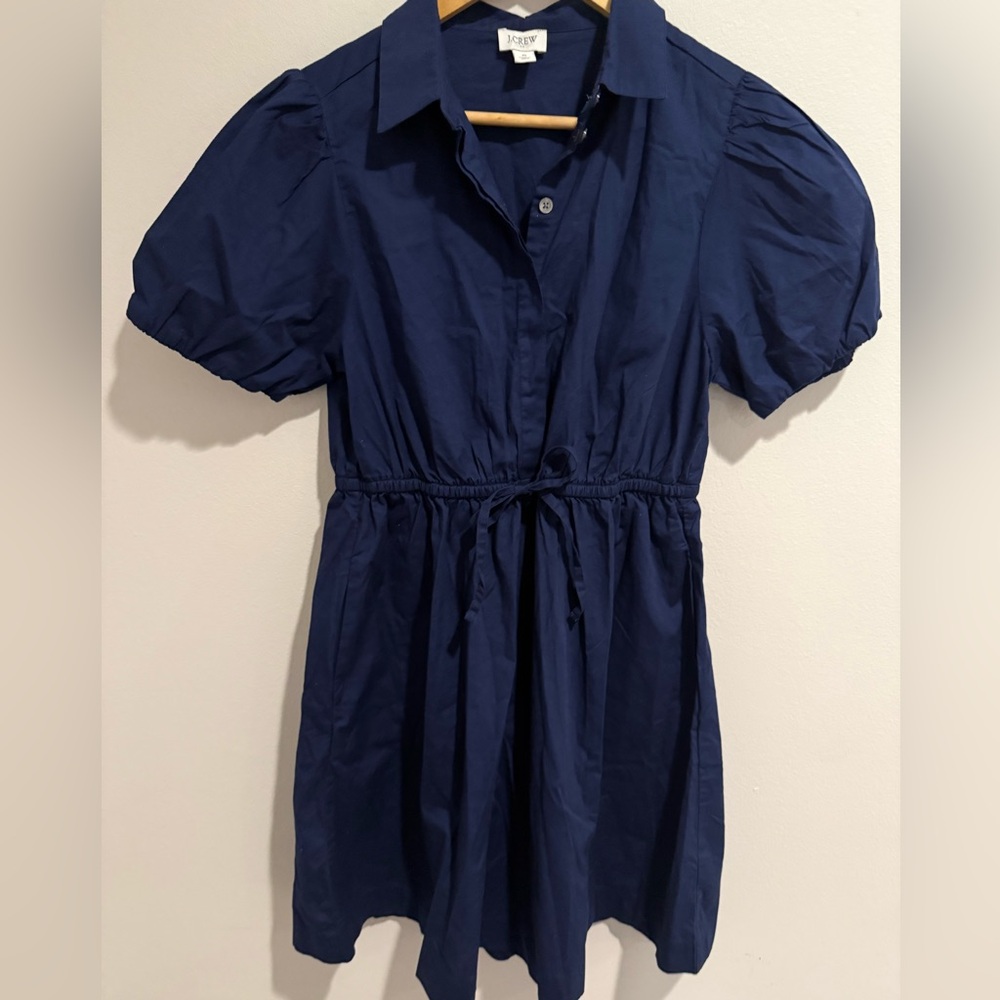 J.Crew Factory Navy Blue Mini Dress Puff Sleeve Collared Preppy Nautical - Picture 2 of 9